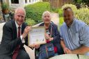 Thelma Paines was recognised for her long service at Thetford Labour Party's summer social, pictured with Cambridge MP Daniel Zeichner, left, and county councillor Terry Jermy