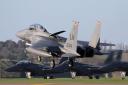 An F-15 fighter jet takes off at RAF Lakenheath