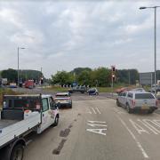 A lorry has broken down at the fiveways roundabout at Barton Mills