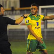 Action from Thetford Town V NCFC U21s. Norwich's Carlton Morris has a discussion with the Ref. Picture: DENISE BRADLEY