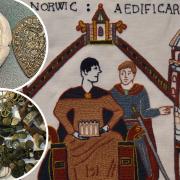Tapestry from the Castle Reborn Project featuring  William the Conqueror discussing Norwich Castle with the finds by Thetford metal detector