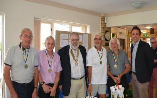 Swaffham Golf Day winners Lenwade Electrical - Keith Wright, Tony Chambers, Ron Kent and Harold Nobb, recieving their prizes from Rotary President Bill Muir and Paul LeGrice, Abel Homes MD.